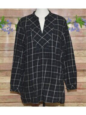 J. JIll Ladies Black V-Neck Flannel Shirt Size L Windowpane Plaid Tunic Cotton